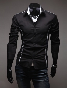 Елегантна мъжка черна риза с бяла ивица