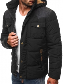 Зимно мъжко яке със сваляща се кожена качулка - черно