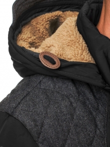 Зимно мъжко яке със сваляща се кожена качулка - черно