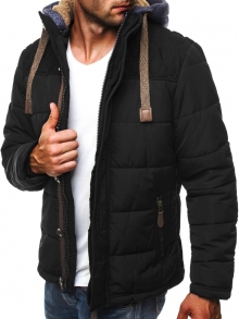 Мъжко яке със сваляща се качулка и кръпки на лактите - черно