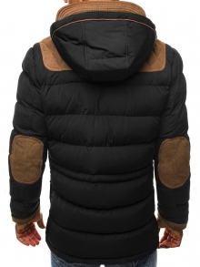 Зимно мъжко яке със сваляща се качулка и модерни кръпки - черно