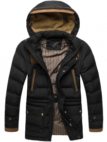 Зимно мъжко яке със сваляща се качулка и модерни кръпки - черно