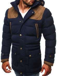 Зимно мъжко яке със сваляща се качулка и модерни кръпки - синьо