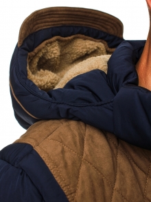 Зимно мъжко яке със сваляща се качулка и модерни кръпки - синьо