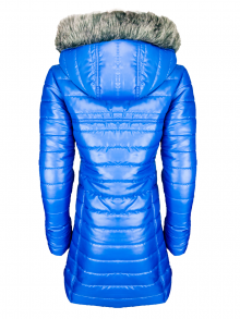 Дълго дамско яке със сваляема качулка с пух "Елви" - синьо