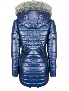 Дълго дамско яке със сваляема качулка с пух "Елви" - тъмно синьо